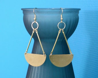 Graphic gold brass earrings, large raw brass half circle earrings, raw brass geometric earrings