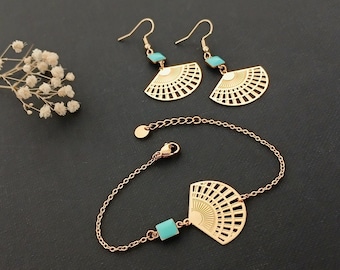 Gouden en turkooizen emaille Japanse waaierarmband en oorbellen, grafische sieradenset van roestvrij staal en turkooizen emaille
