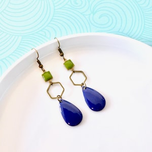 Two-tone khaki and blue earrings, Graphic hexagon sequin earrings with green and blue enamel, Christmas gift for her