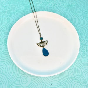 elegant boho chic bronze and duck blue long necklace, long petroleum blue graphic drop long necklace, dark turquoise colorful summer long necklace image 1