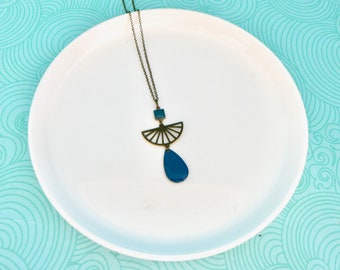 elegant boho chic bronze and duck blue long necklace, long petroleum blue graphic drop long necklace, dark turquoise colorful summer long necklace