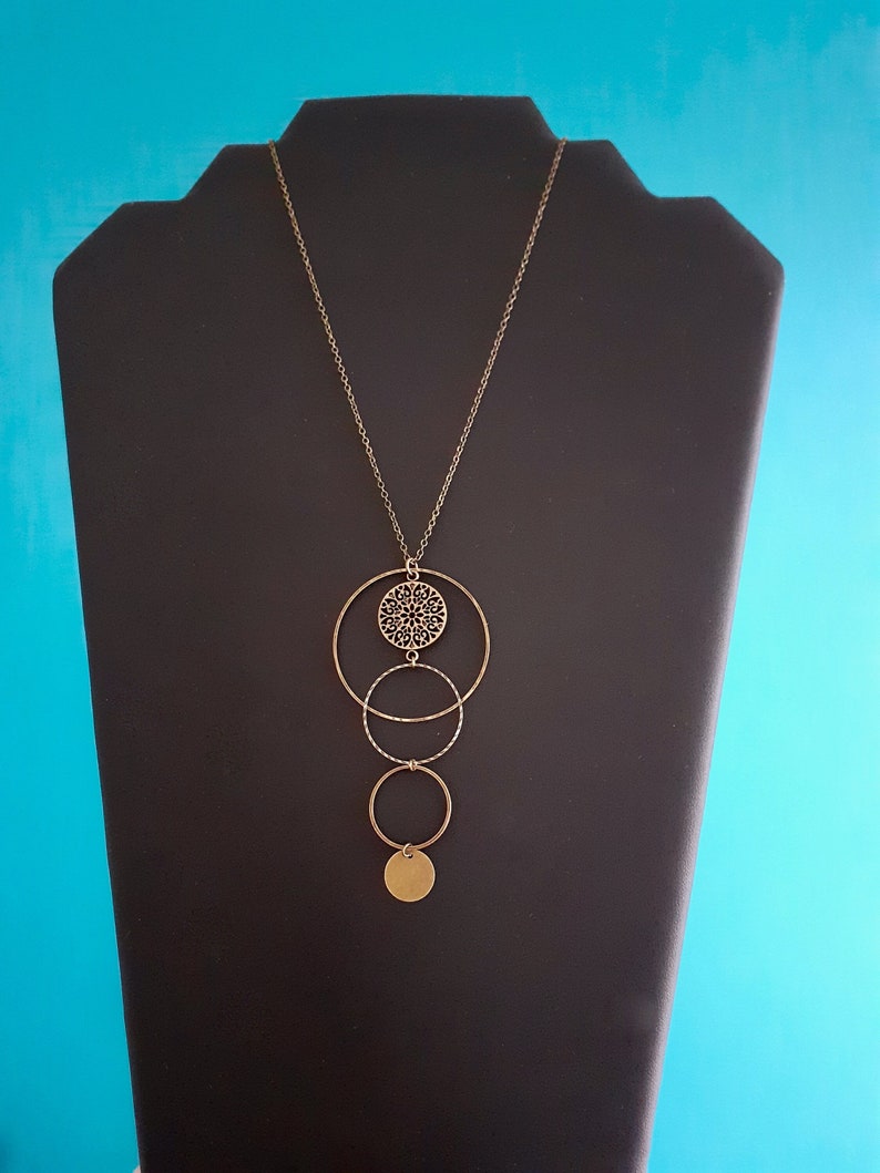 elegant boho chic long necklace cascade of rings and rosette in bronze brass, long necklace bronze long necklace graphic circles, boho long necklace image 2