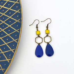 Graphic and colorful blue and yellow earrings, bronze hexagon drop earrings, yellow and blue earrings, a gift for her