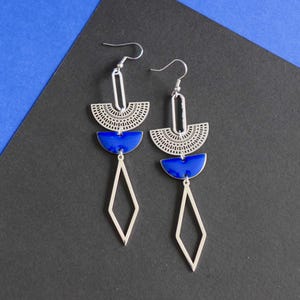 Large Art Deco graphic earrings in silver and blue, long geometric earrings in silver and blue enamel, gift for women