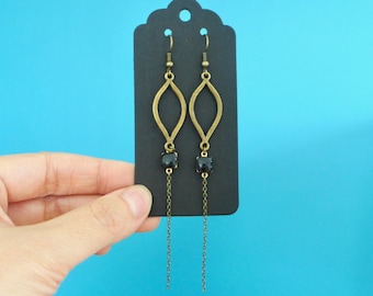 Long, graphic Art Deco bronze and black earrings, oval earrings with a long, thin chain and black enamel, Christmas gift for women