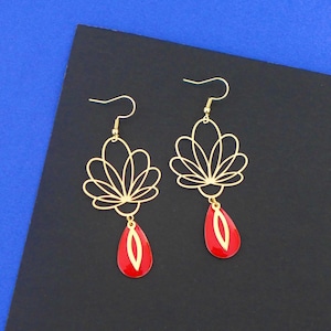 Gold and red graphic earrings, openwork flower and red enamel drop earrings, elegant fine earrings, gift for her