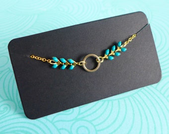 Graphic bracelet with golden ring and duck blue epi chain, thin colored petroleum blue bracelet, dark turquoise bracelet, Mother's Day gift