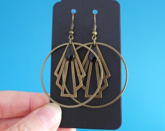 Black Art Deco graphic fan hoop earrings, black enamel geometric earrings