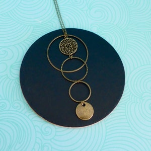 elegant boho chic long necklace cascade of rings and rosette in bronze brass, long necklace bronze long necklace graphic circles, boho long necklace image 1