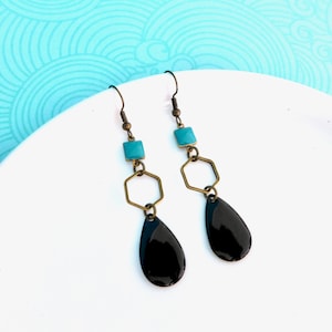 Duck egg blue and black earrings, Duck egg blue and black enamel bronze earrings, geometric earrings, Christmas gift for her