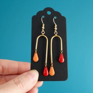 Red and orange gold graphic chandelier earrings, Minimalist asymmetrical red gold earrings, Christmas gift for women