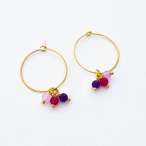 Gold hoop earrings with 3 small colored beads, cute earrings for summer, gift for women, teacher, simple, cheerful, lightweight jewelry