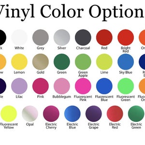 Op de afbeelding: Een kaart met vinylkleuropties met 25 verschillende kleuren, waaronder zwart, wit, grijs, zilver, antraciet, rood, felrood, oranje, geel, citroen, goud, groen, appelgroen, limoen, hemelsblauw, koninklijkblauw, paars, lila, roze, bubblegum, fluorescerend roze, fluorescerend blauw, fluorescerend groen, fluorescerend oranje, fluorescerend geel, opaal, elektrisch kersenrood, elektrisch blauw, elektrische druif, elektrisch rood en elektrisch groen.