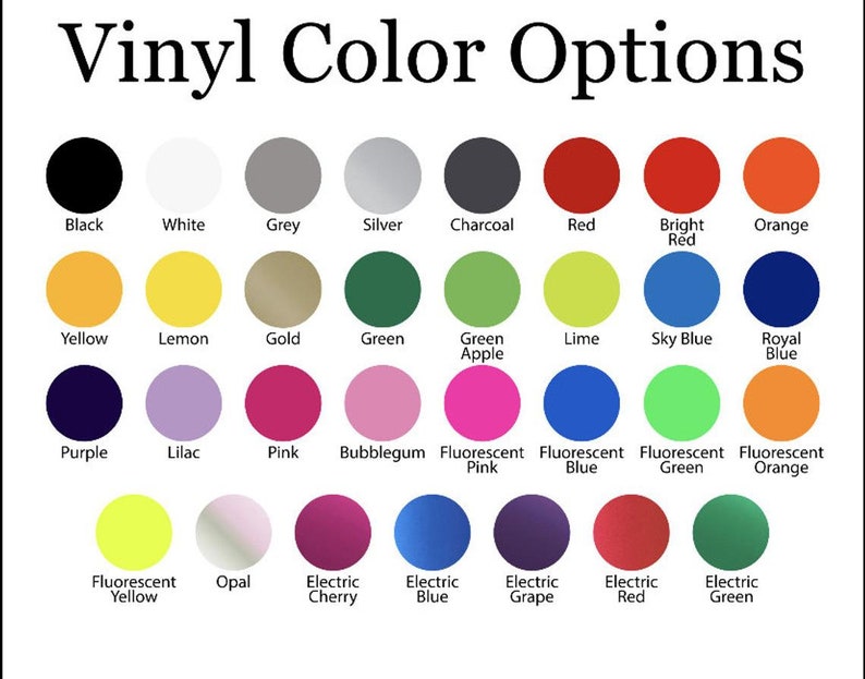 Op de afbeelding: Een kaart met vinylkleuropties met 25 verschillende kleuren, waaronder zwart, wit, grijs, zilver, antraciet, rood, felrood, oranje, geel, citroen, goud, groen, appelgroen, limoen, hemelsblauw, koninklijkblauw, paars, lila, roze, bubblegum, fluorescerend roze, fluorescerend blauw, fluorescerend groen, fluorescerend oranje, fluorescerend geel, opaal, elektrisch kersenrood, elektrisch blauw, elektrische druif, elektrisch rood en elektrisch groen.