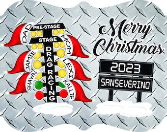 Drag Racing Santa Hat Tree Family Ornament- Light Diamond Plate Background| Holiday| Christmas| Décor| NHRA