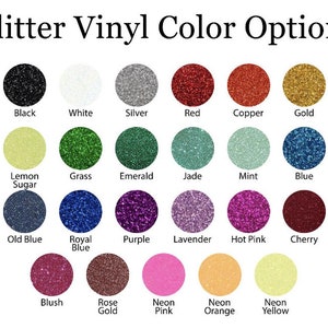 Op de afbeelding: Een kaart met 20 verschillende glittervinylkleuren, waaronder zwart, wit, zilver, rood, koper, goud, citroensuiker, gras, smaragd, jade, mint, blauw, oud blauw, koninklijk blauw, paars, lavendel, roze, kers, blush, roosgoud, neonroze, neonoranje en neongeel.