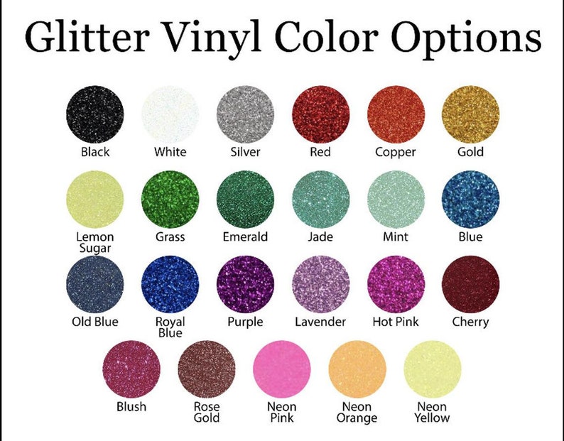 Op de afbeelding: Een kaart met 20 verschillende glittervinylkleuren, waaronder zwart, wit, zilver, rood, koper, goud, citroensuiker, gras, smaragd, jade, mint, blauw, oud blauw, koninklijk blauw, paars, lavendel, roze, kers, blush, roosgoud, neonroze, neonoranje en neongeel.