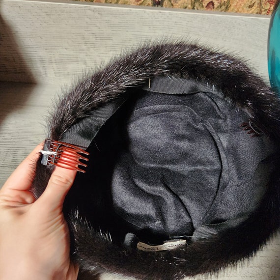 Vintage black acorn hat real fur hat black mink f… - image 8