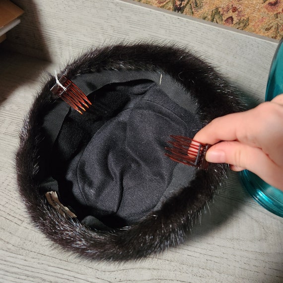 Vintage black acorn hat real fur hat black mink f… - image 7