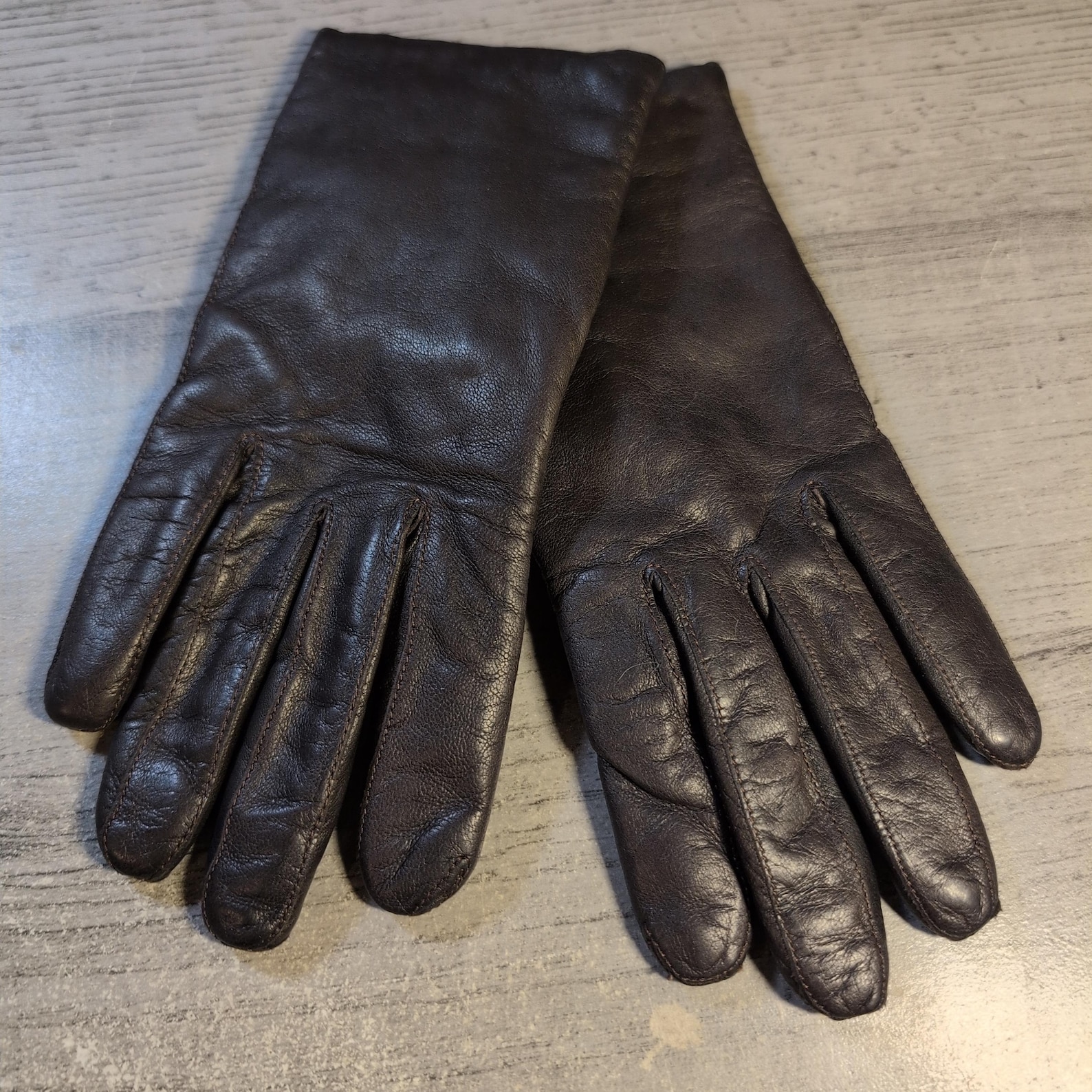 VTG Perrin Dark Brown Leather Wool Cotton Lined Gloves 7.5