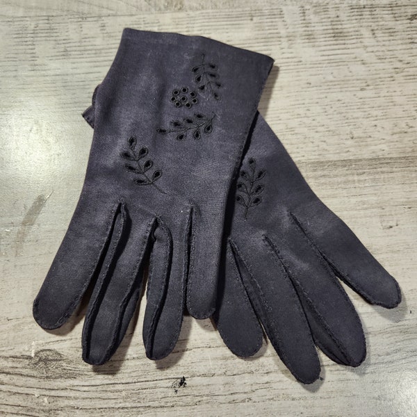 Vintage black cloth gloves ladies' size small to medium black with floral cutout gloves mid century vintage formal wear