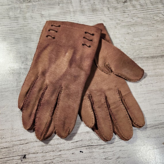 Vintage brown cloth gloves short length size ladi… - image 1