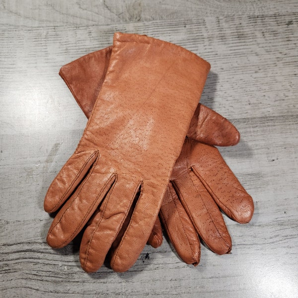 Vintage tan/light brown leather gloves ladies' medium gloves 1980s 1990s vintage winter gloves knit insulated