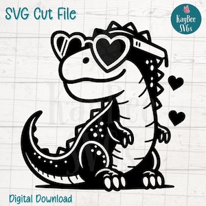 Dinossauro usando óculos em formato de coração - Arquivos de corte SVG PNG para Cricut, download digital Silhouette, gravação a laser, impressão por sublimação