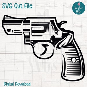 May include: Black and white SVG cut file of a revolver. The image includes the text "SVG Cut File" at the top and "Digital Download" at the bottom. A circular logo with the text "KayBee SVGs" is in the upper right corner.