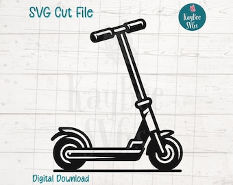 May include: Black and white silhouette of an electric scooter. The scooter has a handlebar, a platform, and two wheels.