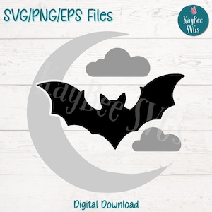 Bat with Crescent Moon SVG PNG Cut Files for Cricut, Silhouette Digital Download, Laser Engraving, Sublimation Printable, Commercial Use