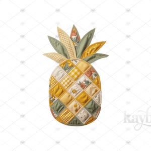 May include: A quilted pineapple-shaped decorative item. The pineapple features a patchwork design with squares of yellow, green, and floral fabrics. The top has green and yellow leaves. The item is likely a kitchen or home decor piece.