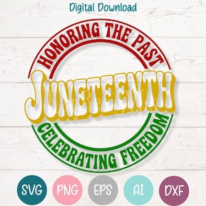 Peut inclure: Un téléchargement numérique avec le mot "Juneteenth" en jaune, bordé de blanc, sur un design circulaire rouge et vert. Le design comprend les phrases "Honoring the Past" et "Celebrating Freedom".