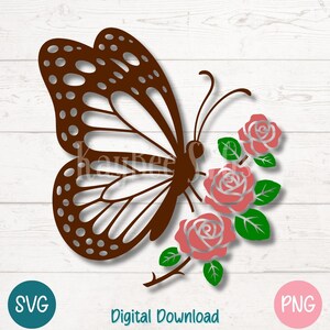 Papillon sur branche de rose PNG SVG coupe fichier pour Cricut, Silhouette, sublimation, gravure laser, clipart imprimable