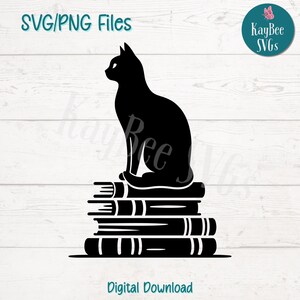 Cat on Books SVG PNG Cut Files for Cricut, Silhouette Digital Download, Laser Engraving, Sublimation Printable, Commercial Use Clipart