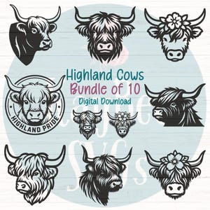 Highland Cow SVG Bundle of 10 Designs - Cut Files for Cricut, Silhouette, Sublimation, Laser Engraving, Printable, Commercial Use Clipart
