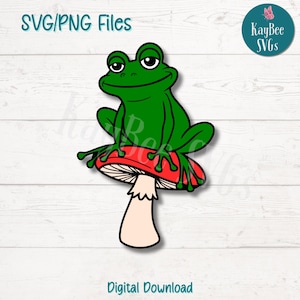Frog on Mushroom SVG PNG Cut Files for Cricut, Silhouette Digital Download, Laser Engraving, Sublimation Printable, Commercial Use Clipart