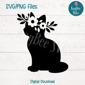 Chat avec couronne de fleurs SVG PNG Clipart mignon animal de compagnie pour travaux manuels printaniers et floraux | Fichier de coupe pour Cricut, Silhouette, gravure laser, sublimation