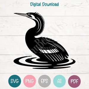 Peut inclure: Silhouette noire d'un oiseau, probablement un cormoran, dans l'eau. L'oiseau a un long cou et un bec, avec des marques de plumes détaillées. L'image comprend le texte "Digital Download" en haut et des icônes de type de fichier en bas.