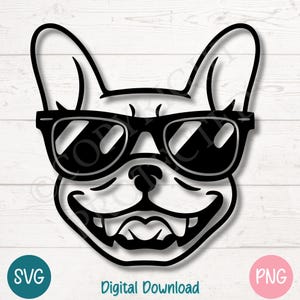 Cool Franse Bulldog SVG PNG, hipster hond met zonnebril clipart, Frenchie puppy silhouet digitale download, gesneden bestanden voor Cricut, laser
