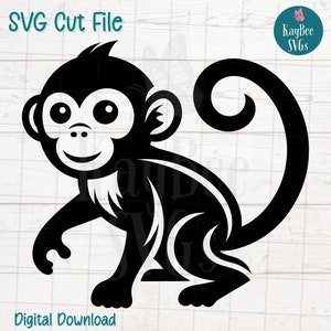 Puede incluir: Silueta en blanco y negro de un mono de dibujos animados con la cola enroscada. El mono sonríe y tiene ojos grandes.