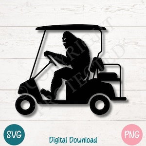 ビッグフット ゴルフ カート SVG PNG、面白いサスカッチ ゴルファー、昇華および工芸品用の未確認生物ゴルフ クリップアート | Cricut 用カット ファイル、レーザー彫刻