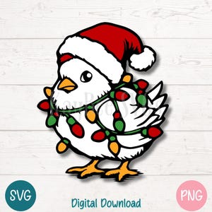 Weihnachten Huhn SVG PNG, Weihnachtsmannmütze Huhn mit Lichtern, festliche Bauernhof Tier Clipart | Cut Dateien für Cricut, Silhouette, Sublimation, Laser