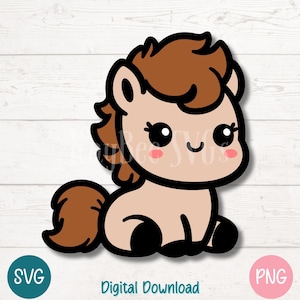 Niedliches Pferd SVG PNG Kawaii Pony Clipart für Kinder Bauernhof Tiere Basteln und Baby-Projekte | Schnitt-Dateien für Cricut, Silhouette, Sublimation, Laser