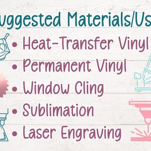 May include: Image with the text "Suggested Materials/Uses:" and lists of materials including Heat-Transfer Vinyl, Permanent Vinyl, Window Cling, Sublimation, and Laser Engraving. Illustrations of an iron, a heat press, and a laser cutter are included.