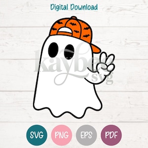 May include: A white ghost illustration with black eyes, wearing an orange baseball cap with a black bat pattern. The ghost is making a peace sign with one hand. The text Digital Download is at the top, and SVG, PNG, EPS, PDF are at the bottom.