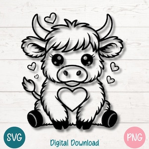 May include: Black and white illustration of a Highland cow with large eyes, horns, and a heart-shaped design on its body. The cow is surrounded by small hearts. The image includes the text "SVG" and "PNG" in circles, and "Digital Download".