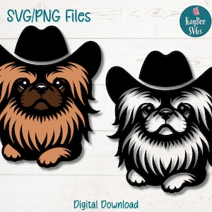 Pekingese Dog in Cowboy Hat SVG PNG Cut Files for Cricut Silhouette Digital Download, Laser Engraving, Sublimation Printable, Commercial Use