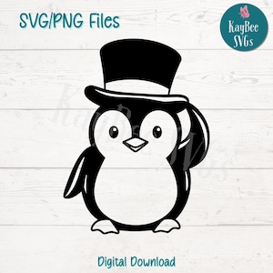 Pingüino con sombrero de copa SVG PNG Archivos de corte para Cricut y Silhouette / Descarga digital para grabado láser, sublimación, uso comercial Clipart