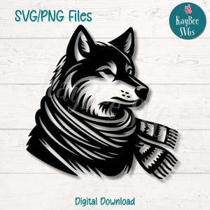スカーフを巻いたオオカミ SVG PNG – 冬と自然デザインのための心地よい森の動物のクリップアート - Cricut、シルエット、レーザー彫刻用のカットファイル